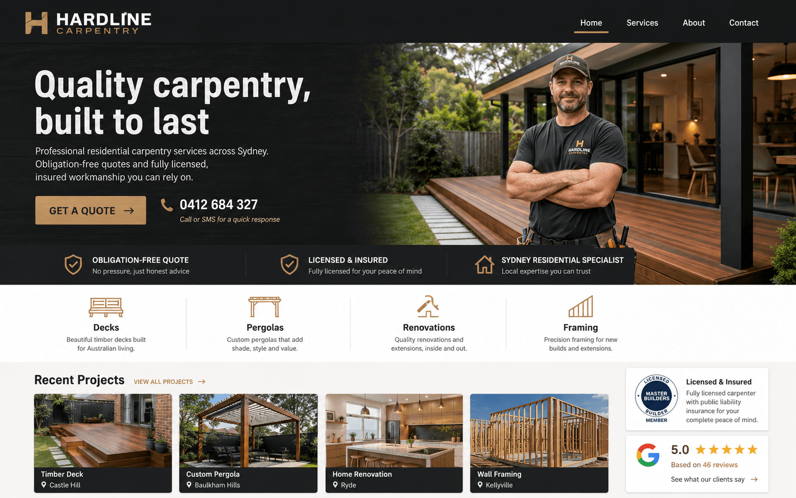 Example tradie website Torek builds, for a carpentry company