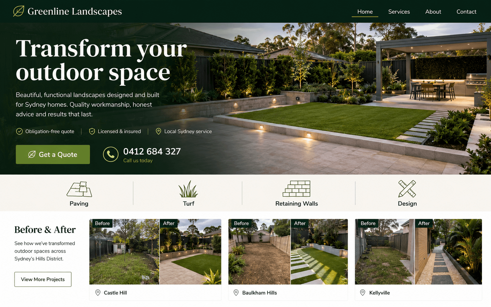 Example tradie website Torek builds, for a landscaping company