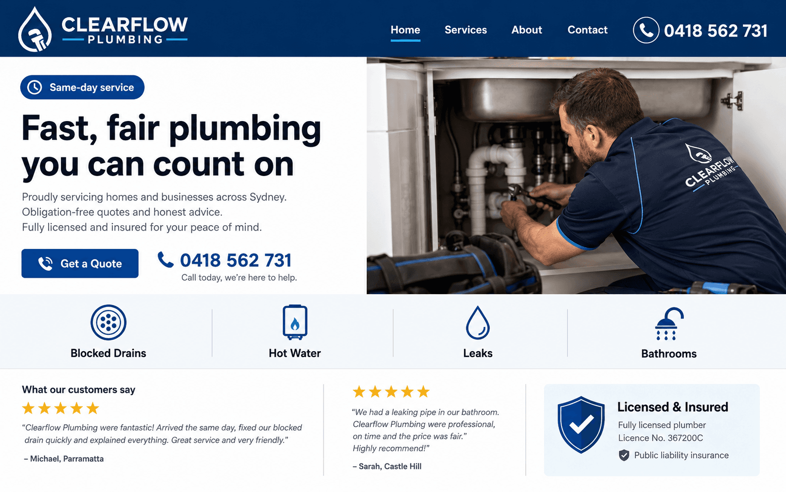 Example tradie website Torek builds, for a plumbing company