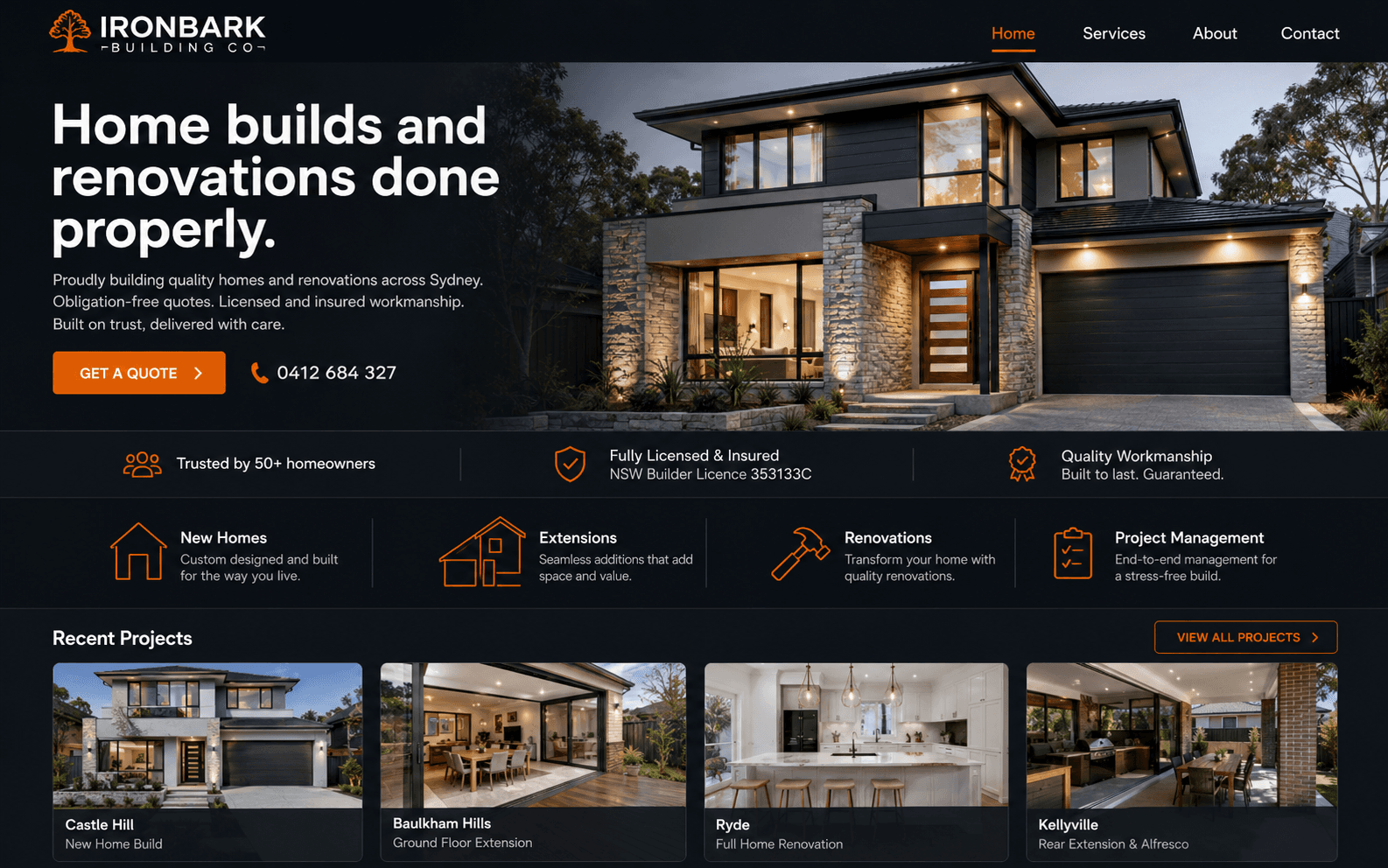 Example tradie website Torek builds, for a home builder and renovation company