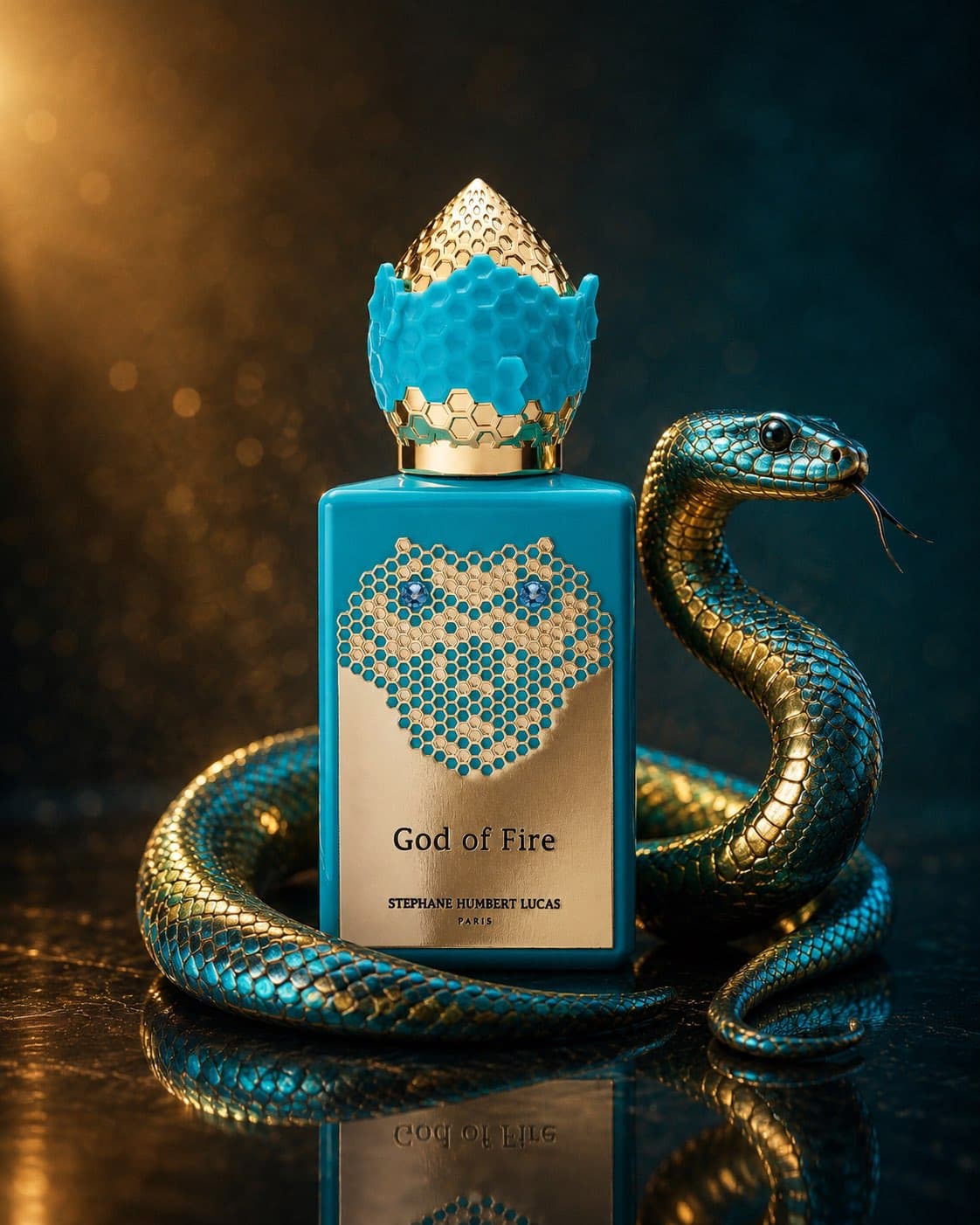 The same bottle set into a firelit scene, encircled by a serpent.